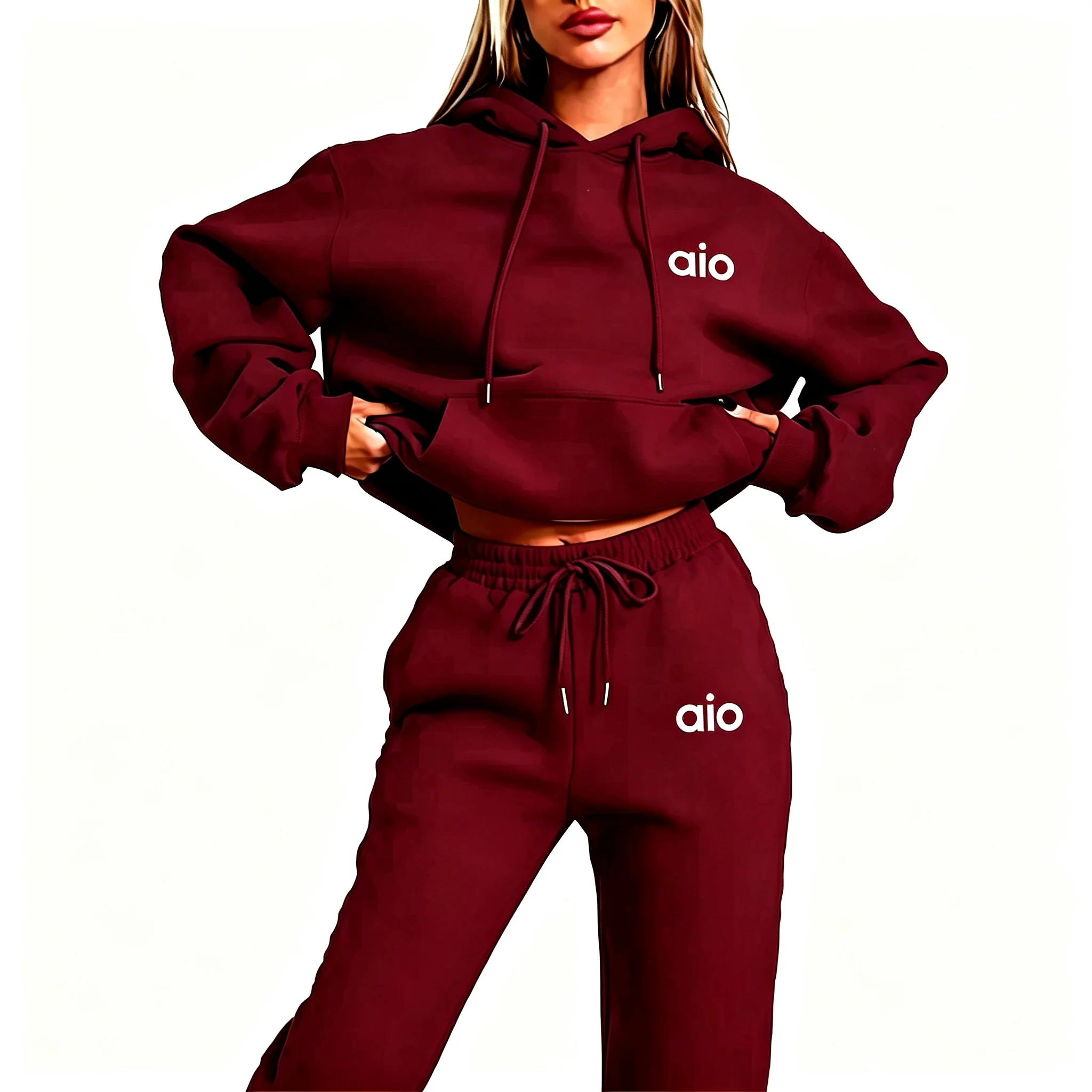 2026 AI-Druck Hochwertiges Damen-Monochrom-Kapuzen-Hoodie-Set Lässiges Zweiteiler-Set Neue Mode Heißer Trainingsanzug mit Jogginghose – Detail 8