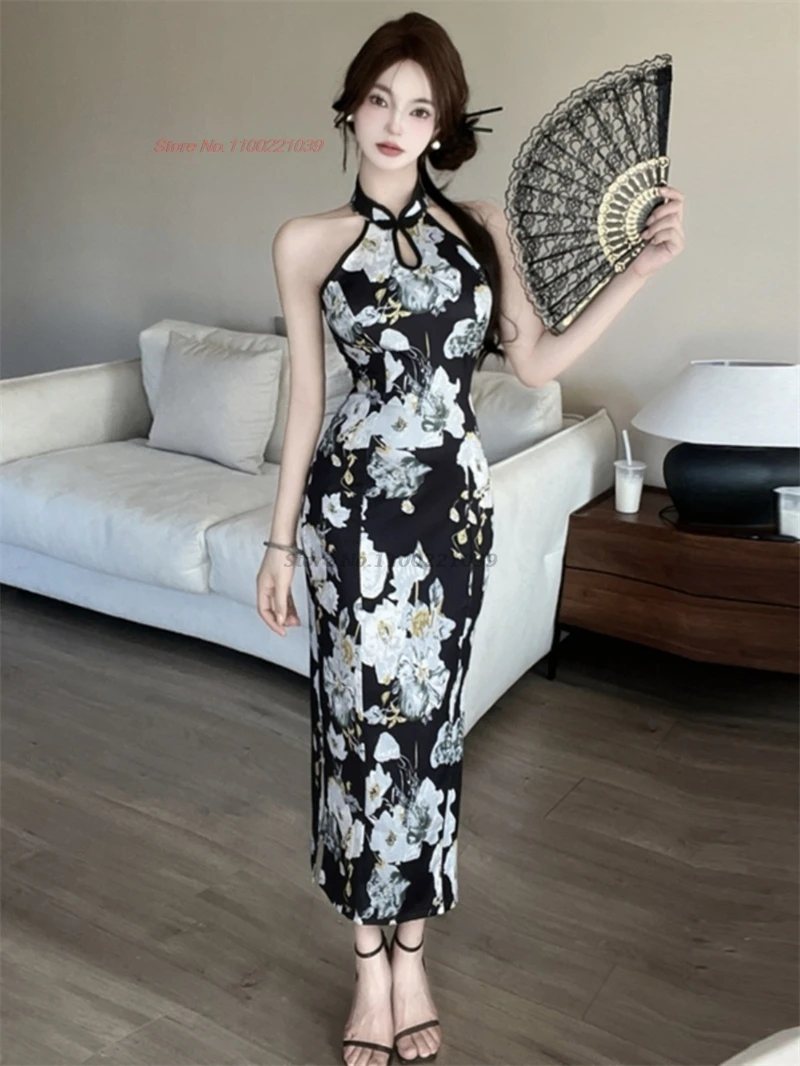 

2024 chinese sexy dress sleeveless cheongsam flower print party evening dress traditional nightclub qipao sexy dress vestido