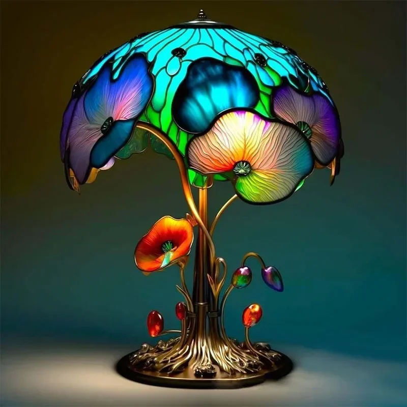 Creative Stained Plant Series Table Lamps Resin Colorful Bedroom Bedside Flower Mushroom Retro Table Night Lamp Atmosphere Light