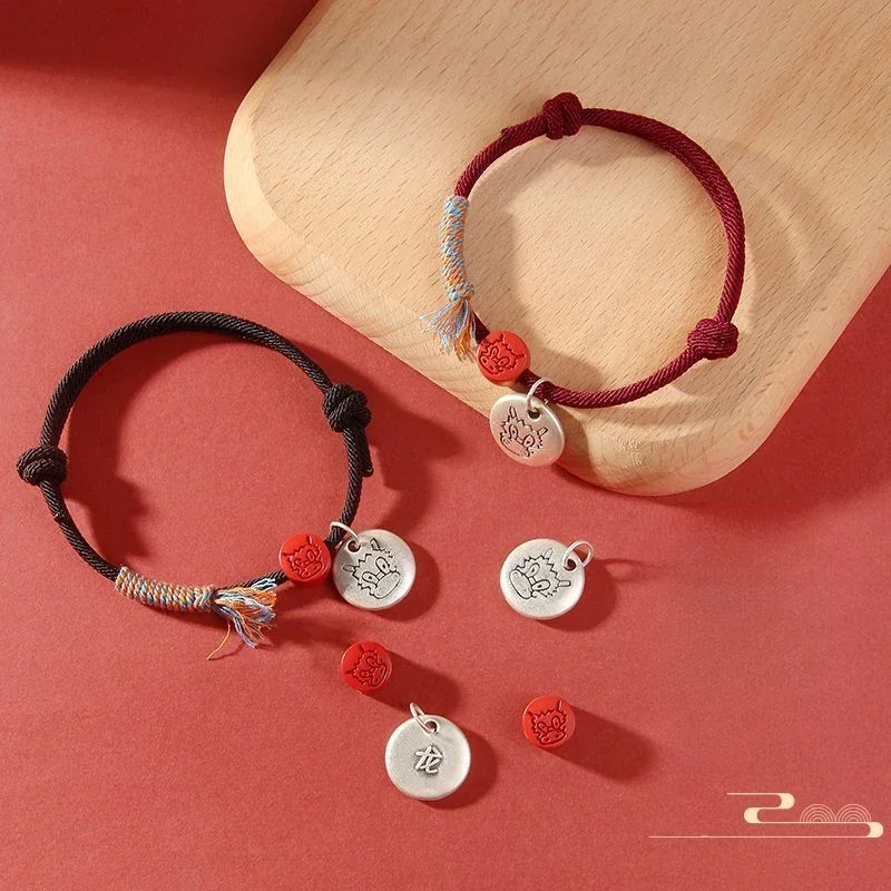 

Hand-Woven This Animal Year Red Rope Natural Cinnabar 999 Pure Silver Carrying Strap Golden Wood Water Fire Soil Bracelet Gift