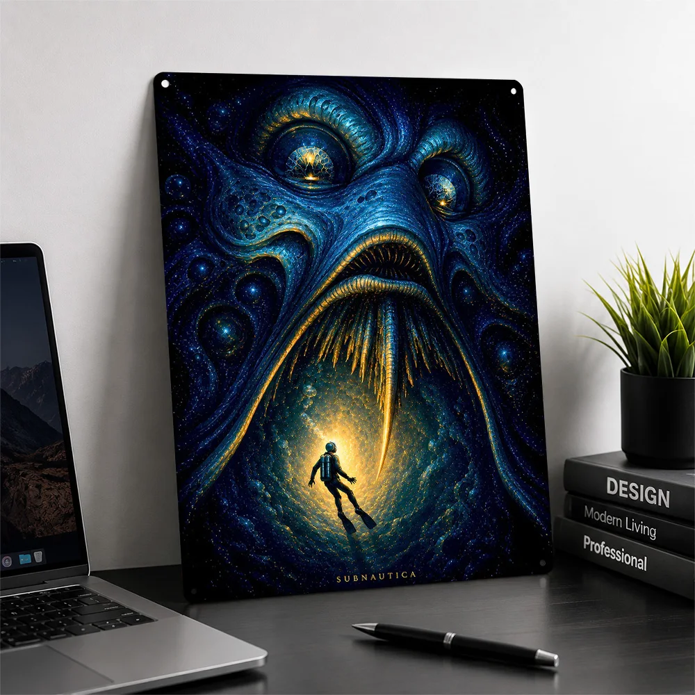 Subnautica Diver Facing Cosmic Horror Metal Poster Gothic Wall Art Personalized Vintage Tinplate Sign for Man Cave Bedroom Gift