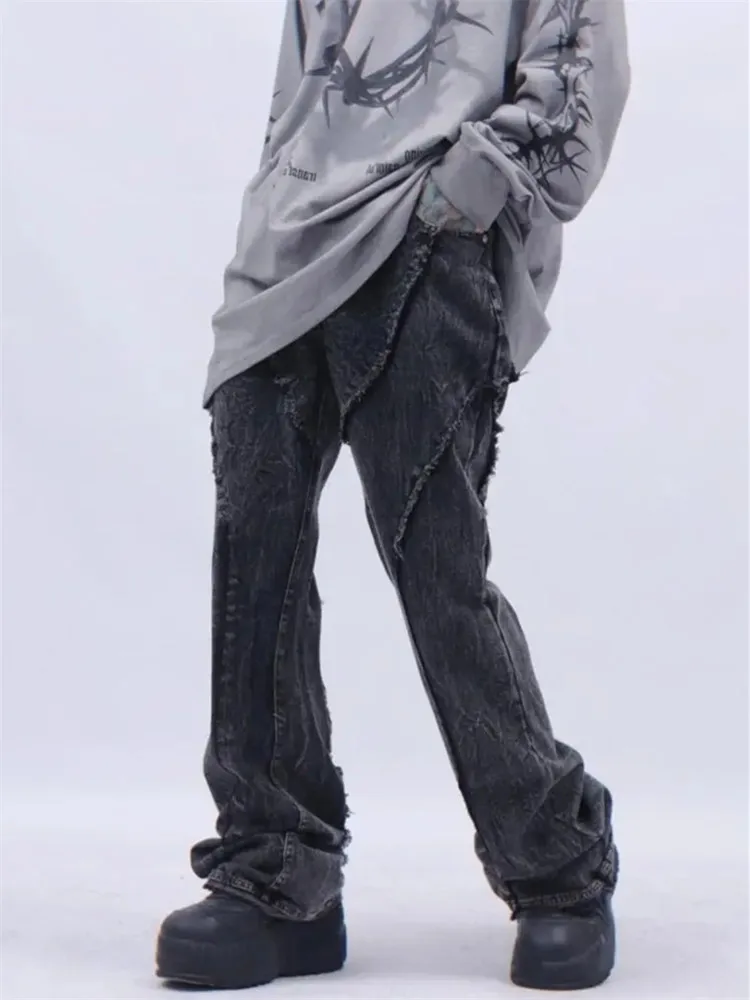 Jeans Men Spring and Autumn High Street Y2K Spliced Straight Pants Button Pocket Raw Edge To Do Old Trousers A058