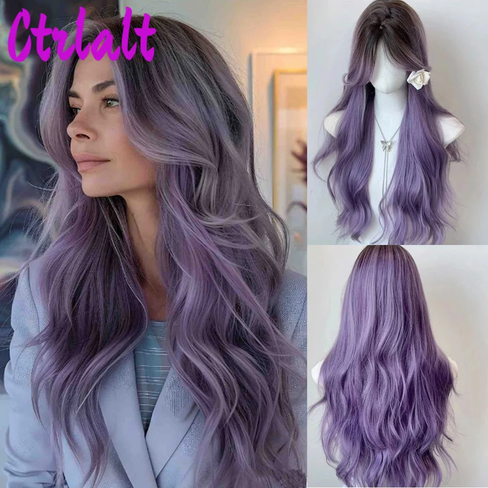 Long Gray Purple Wavy Synthetic Wig with Bangs Halloween Wigs for Girls Cosplay Party Lolita Heat Resistant Fiber