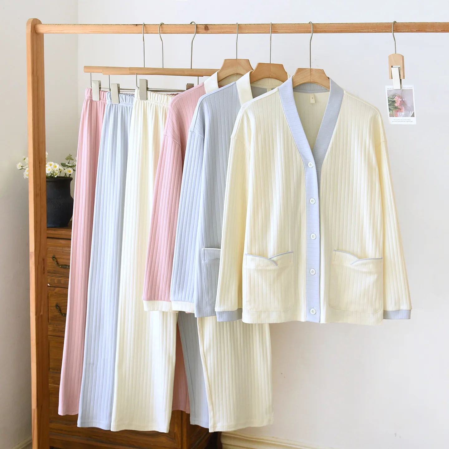 

Женский кардиган + брюки, пижамный комплект, вязаный комплект из чистого хлопка с v-образным вырезом и длинными рукавами в полоску, удобный комплект домашней одежды, одежда для сна