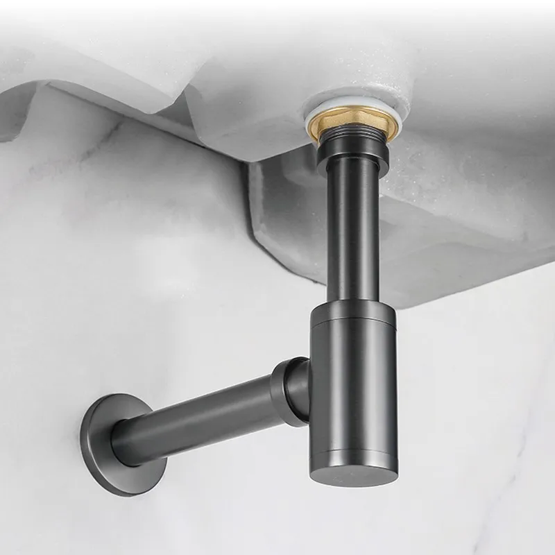 High Quality Brass Body Basin Wast Drain Wall Connection Plumbing P-traps Wash Pipe Bathroom Sink Trap Black/Brushed Gold/Chrome