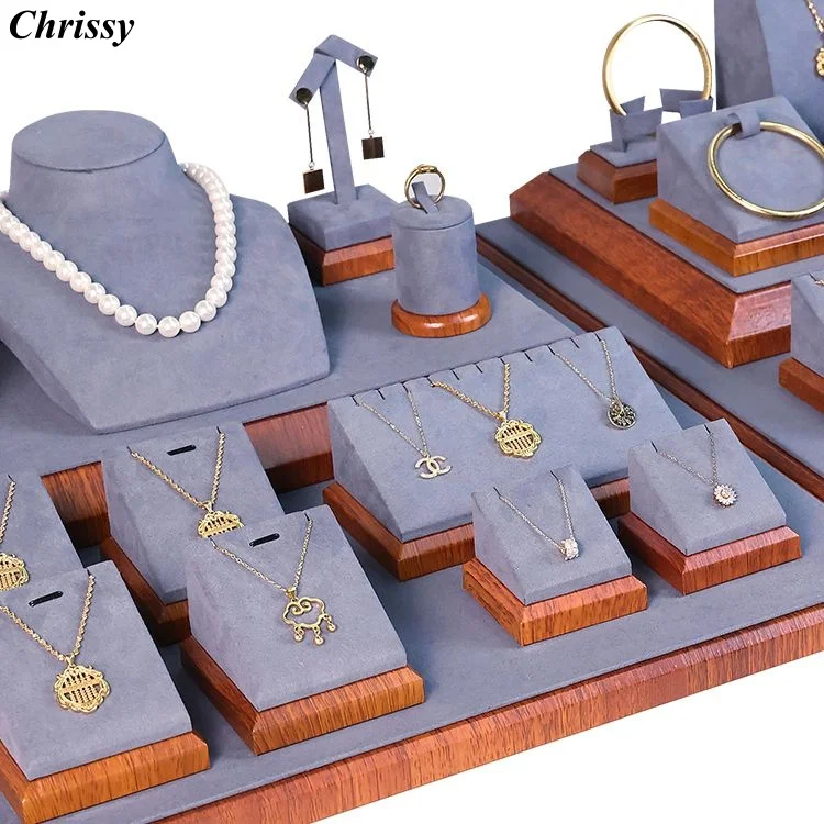 

Natural Wood Grain Jewelry Display Set, Wood Effect Stands & Trays for Gold Gemstone Bracelet, Luxury Boutique Showcase
