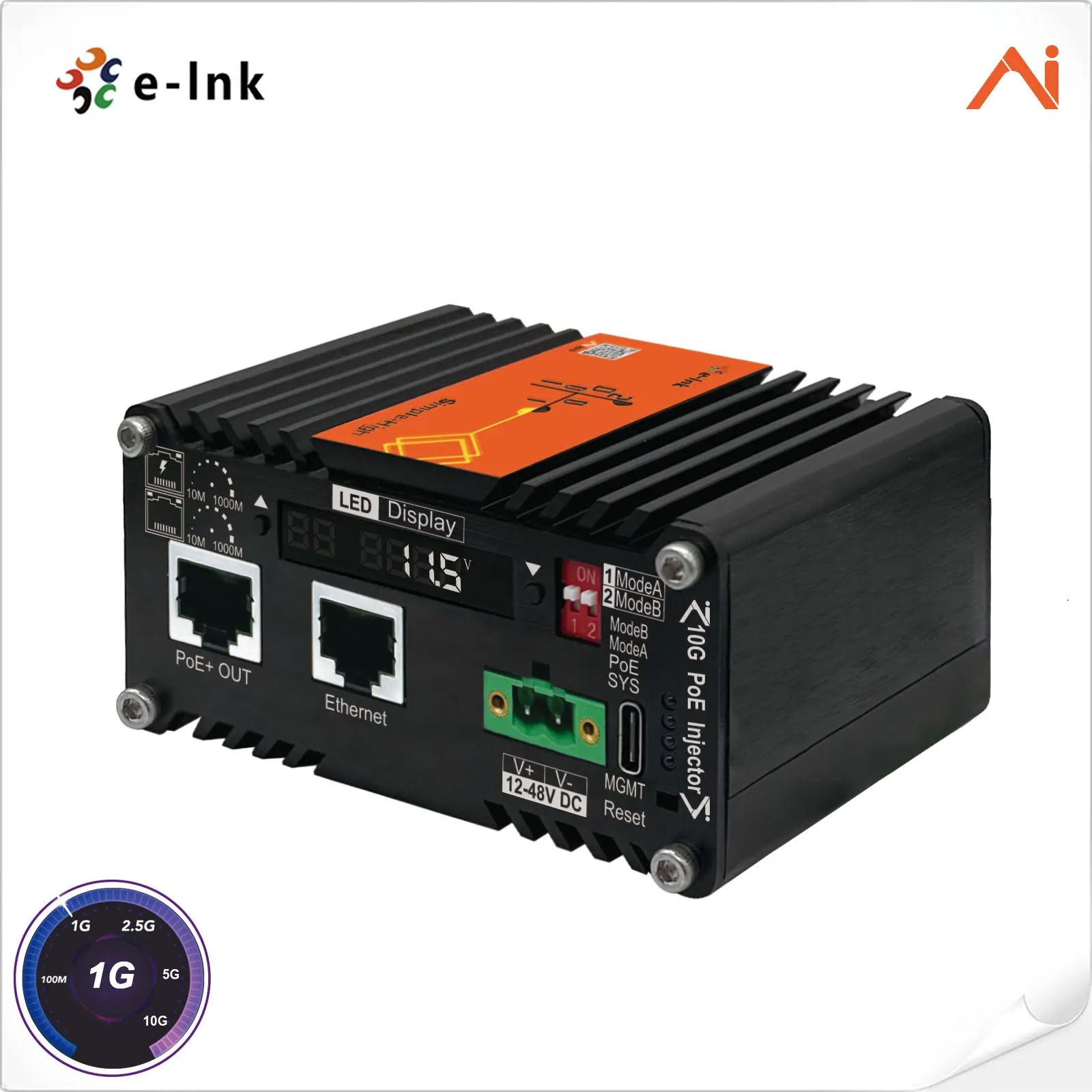 1 Port 10G RJ45 IEEE802.3at 30W Industrial LED display APP/Web management 9-54V voltage boost AI Smart Managed PoE+ Injector