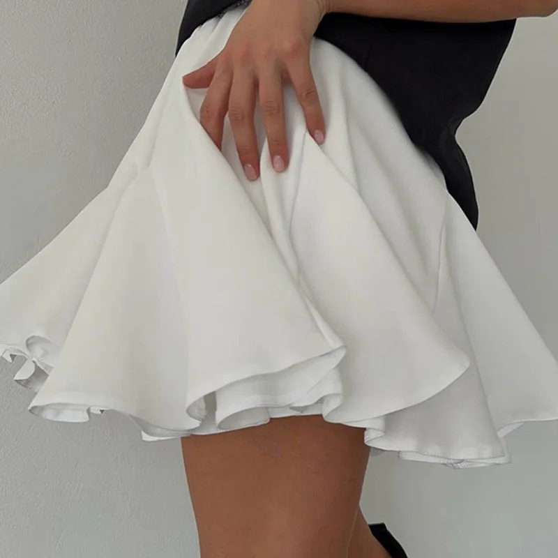 Women's Summer White Mini Skirt High Waist A-Line Vintage Ruffle Tennis Style Black Elastic Waist Cute Ruffle Short Skirts