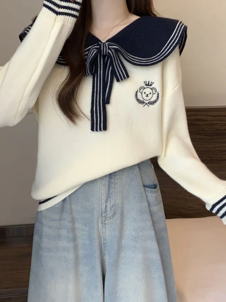 Pulôveres de manga comprida estilo preppy feminino, gola marinheiro, listrado, cor de contraste, suéteres soltos casuais, moda feminina, roupas doces, 2024