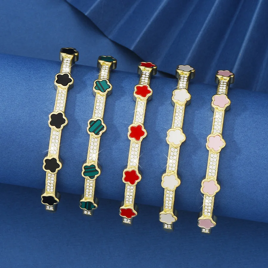 

New Trendy Zircon Plant Clover Bangles for Women Hot Sale Five Leaf Flower Shell Acrylic Bracelet Fashion Jewelry Wholesale