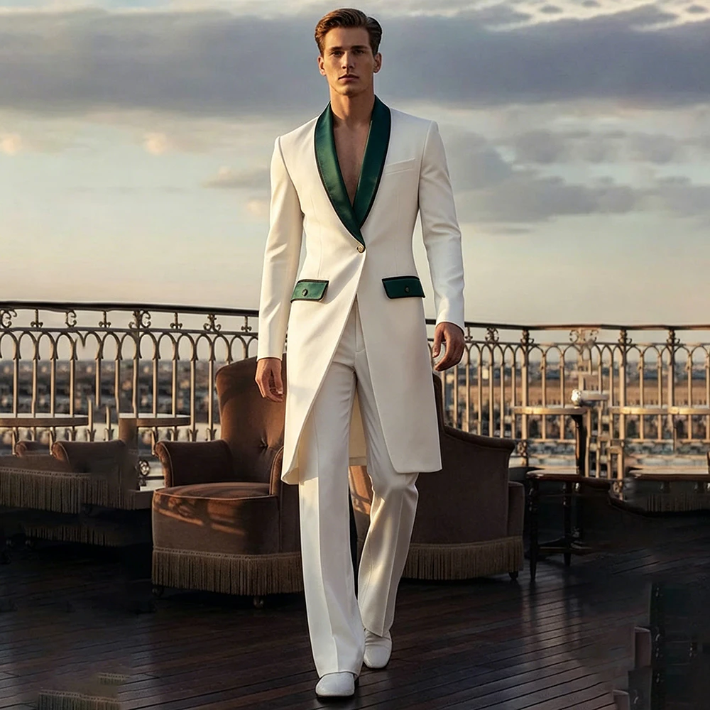 Elegant One-Button Men's Suits Luxury Green Shawl Lapel Long Blazer High Quality Tuxedos 2 Piece Jacket Pants For Wedding