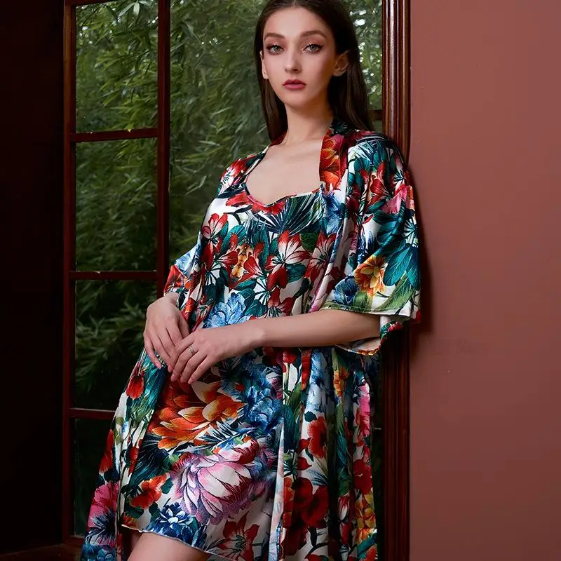 

2Pcs Flower Print Robe Suit Satin Kimono Bathrobe Gown Lady Casual Home Suit Sling Nightdress Intimate Lingerie Short Loungewear