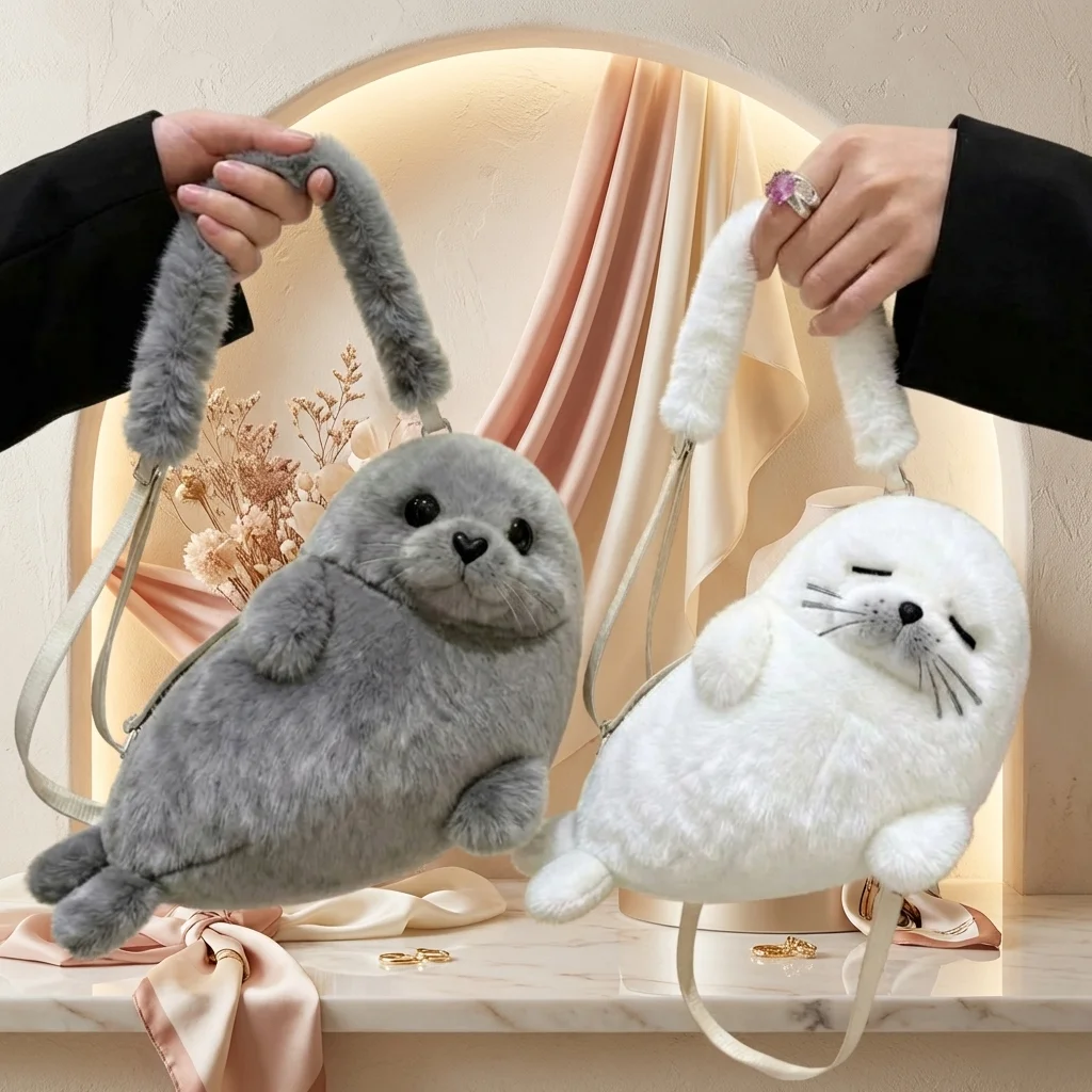 New Soft Fluffy Cute Seal Shoulder Bag Cartoon Adjustable Straps Crossbody Bag Fabric Lightweight Handbag Women's Accessories