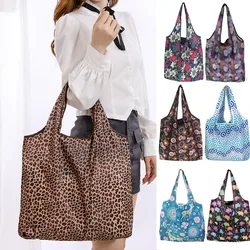 Women's Foldable Cat Flower Pattern Large Shopping Bag Washable Leopard Print Reusable Easy To Carry Capacity Handbags Pouch