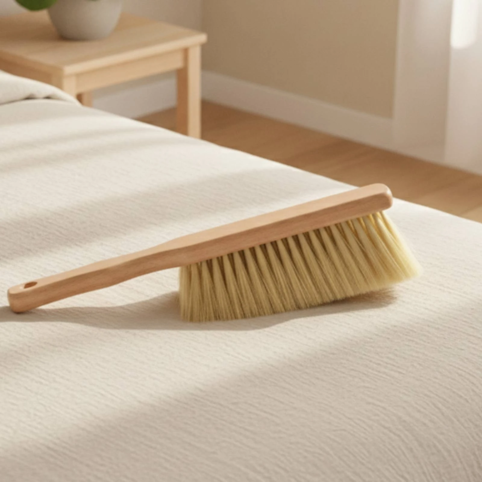 Long-Handled Bed Brush Comfortable Bed Brush with Wooden Handle Hand Broom with Hanging Hole Safe Washable for Bedding