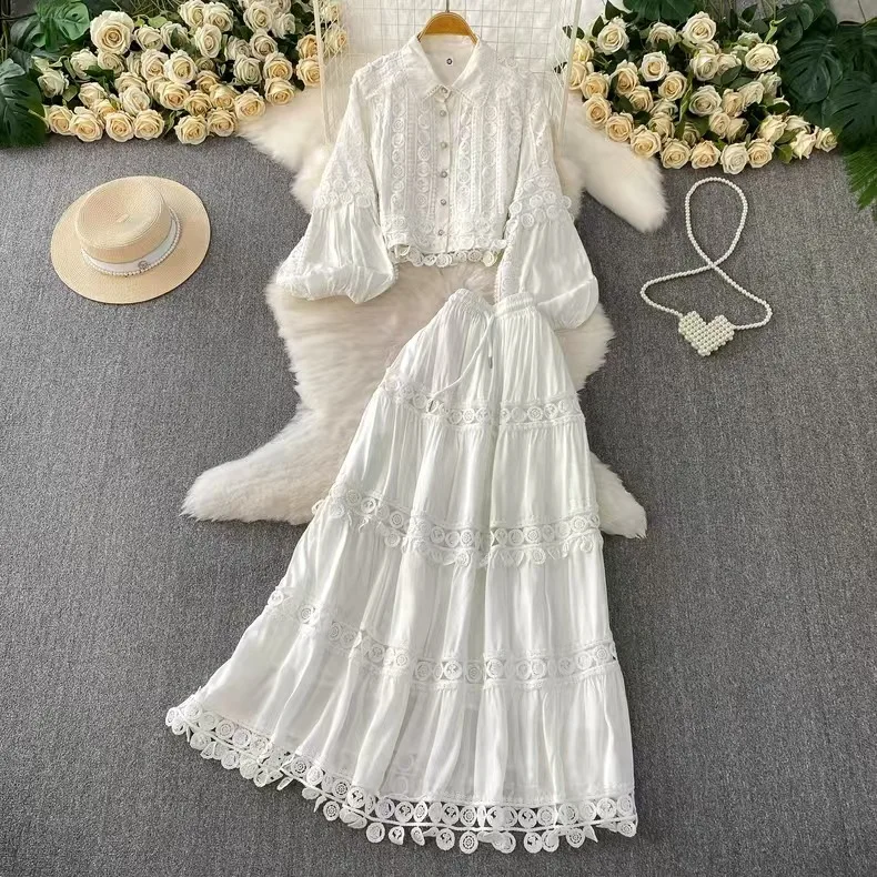 Women Lace Cropped Shirt and Tiered Maxi Skirt Two Piece Set Puff Sleeve Vintage Outfit
