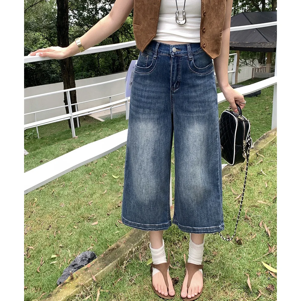 2026 Summer Plus Size Women High Waist Stretch Narrow Boyfriend Wide Leg Jeans Mid Capri Pants For Curvy Ladies 2623 view 2