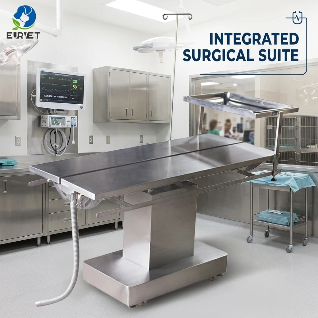 EURVET Integrated Veterinary Surgical Operating Table With IV Pole Instrument Tray And Electric Height Adjustable Pet Bed