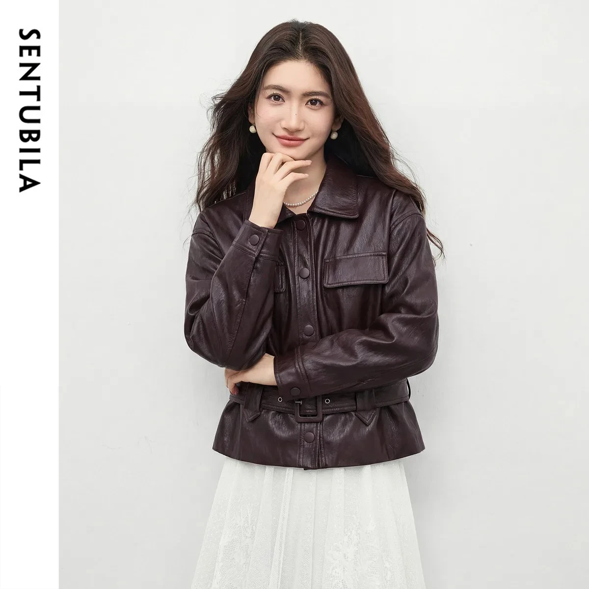 SENTUBILA Women's Retro Lapel Leather Jacket 2026 Spring Coffee Short with Belt Tops Fashion Cool Commut Clothing W61GC6365