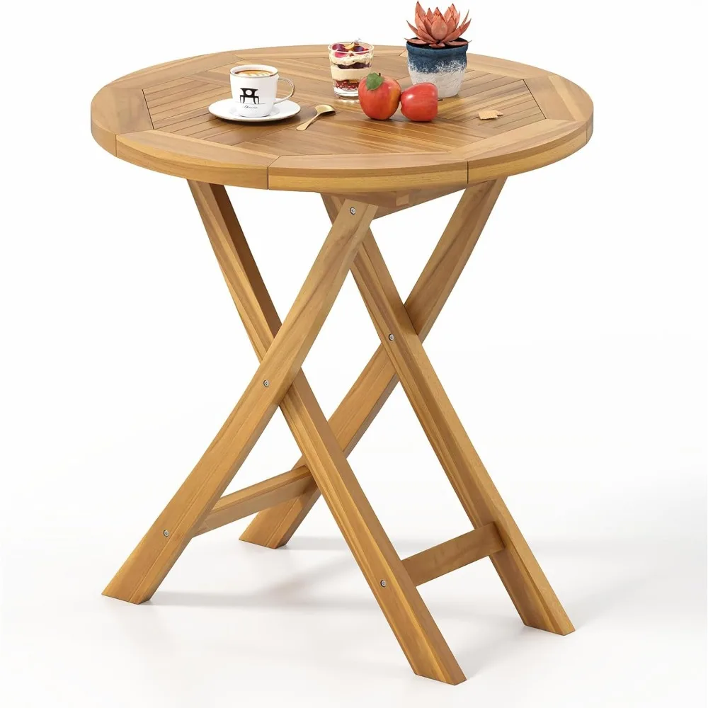 

Patio Teak Wood Dining Table, 27.5 Round Side Table with Slatted Tabletop, Sturdy X-Shaped Frame, Outdoor Wooden Coffee