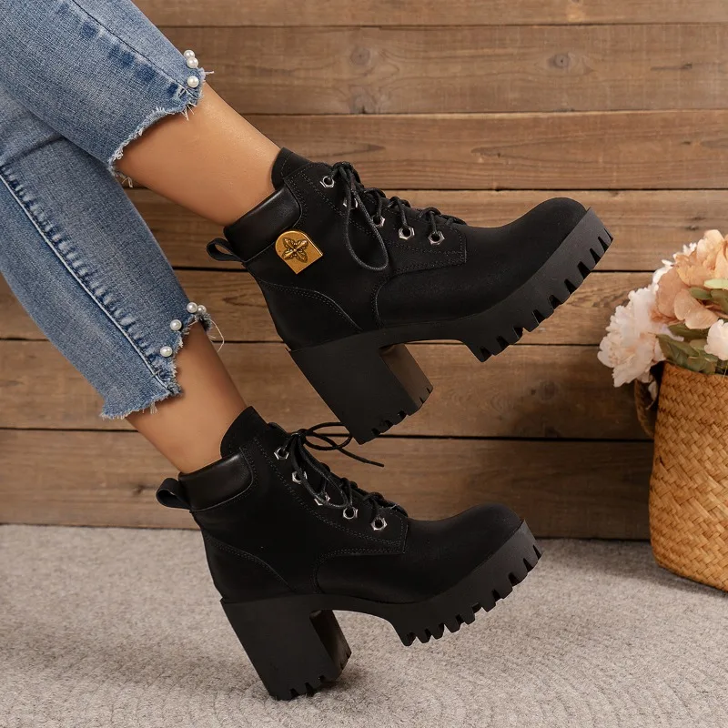 Women Big Yellow Boots 2024 New Spring Winter Pumps High Quality Lace-up European Ladies Shoes PU High Heels Fast Delivery Work