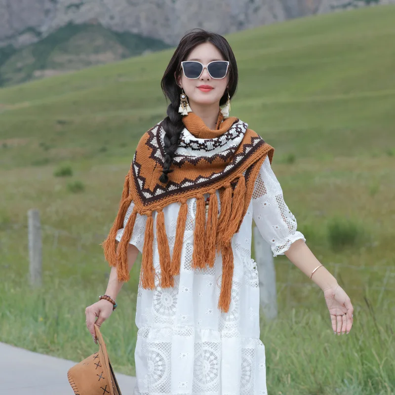 

Ethnic-style simple, fashionable, and unique long-tassel shawl outdoor leisure, comfortable, warm, breathable, trendy, and v