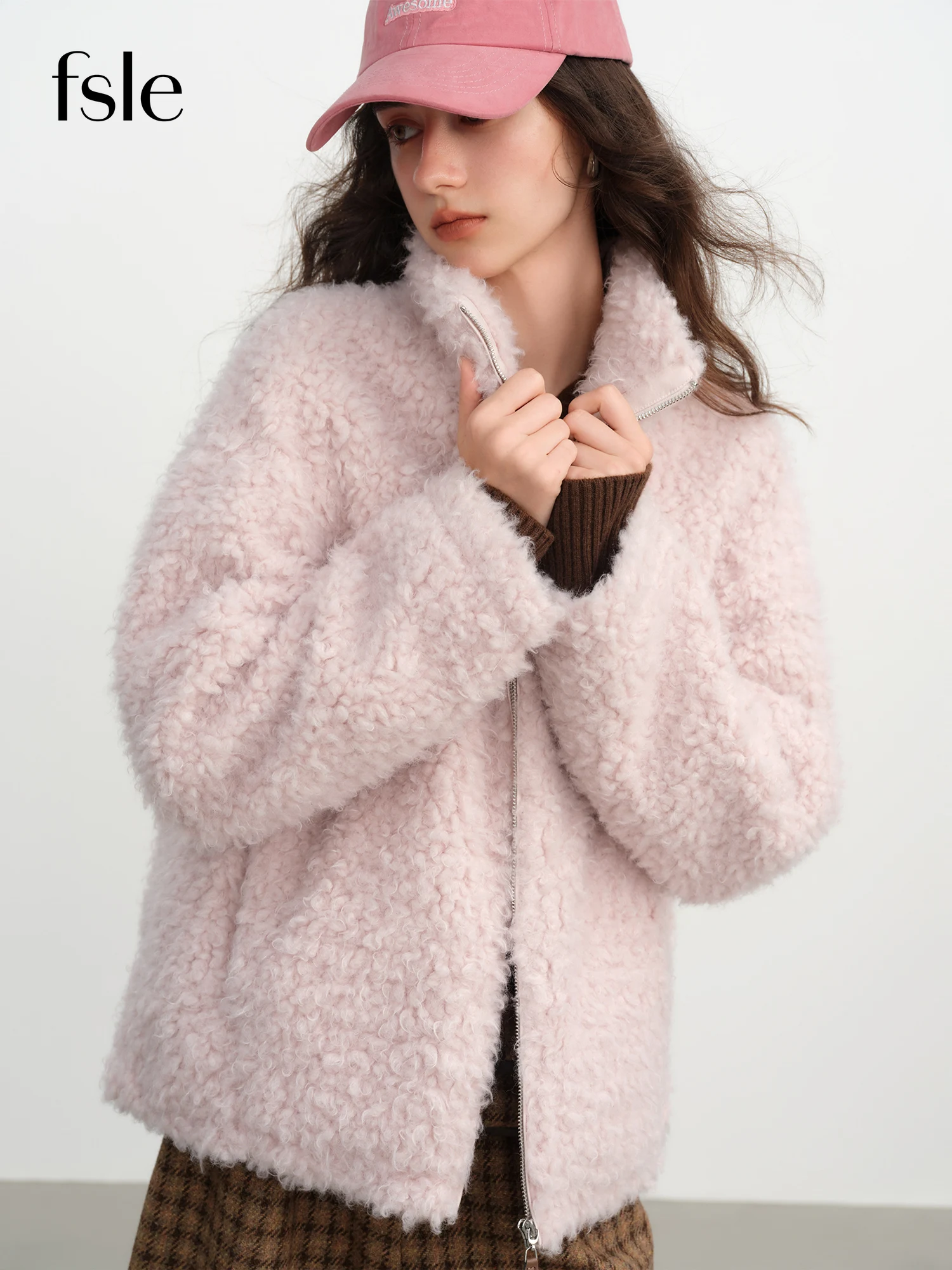 

FSLE 2023, новая зимняя женская короткая стильная бархатная куртка из искусственного меха с отложным воротником-стойкой, нежная и мягкая розовая текстурированная женская куртка