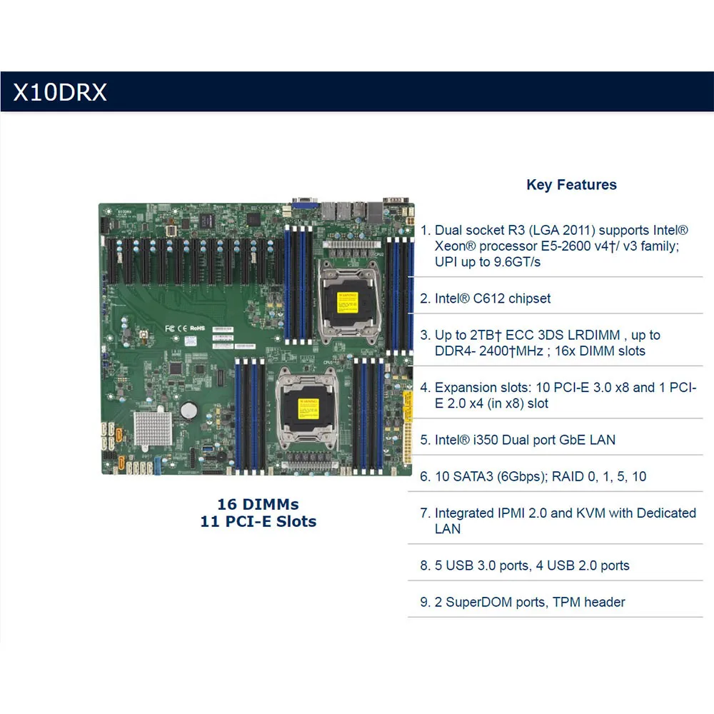 X10DRX For Supermicro Server Motherboard LGA 2011 Intel C612 Support E5 2600 V3 V4 CPU DDR4 PCI-E 3.0 100% Tested Fast Ship Hot