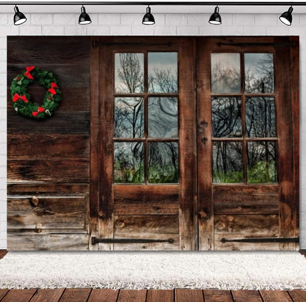 Photography Backdrop Grunge Wooden Door Glass Window Wreath Wall Rural House Countryside Log Cabin Background Portrait Shooting