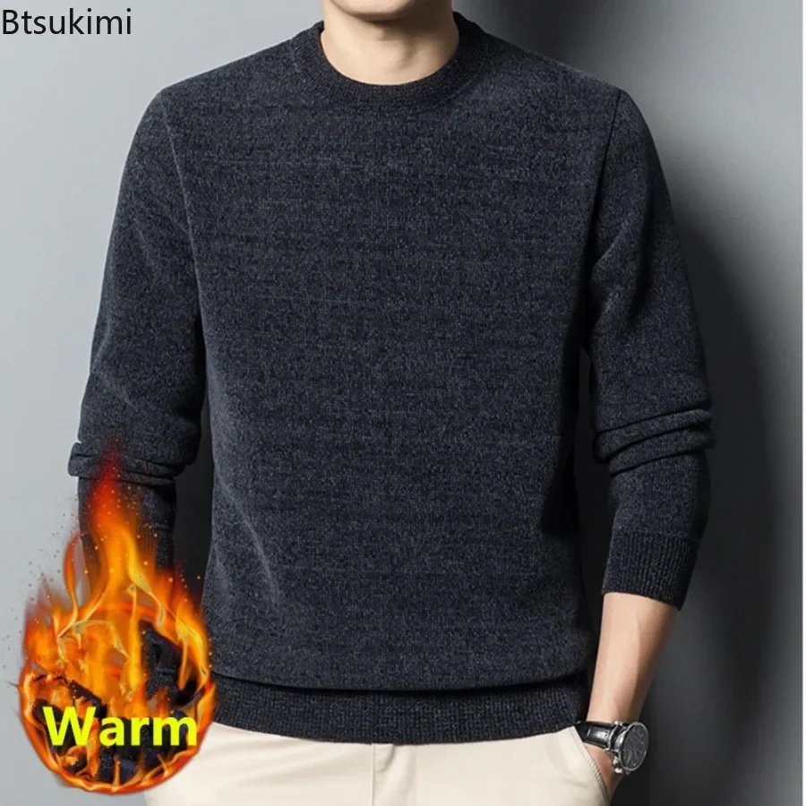 

2024 New Thicken Chenille Sweaters Men's Autumn Winter Round Neck Plush Knitted Warm Pullovers Male Business Casual Sweater Tops