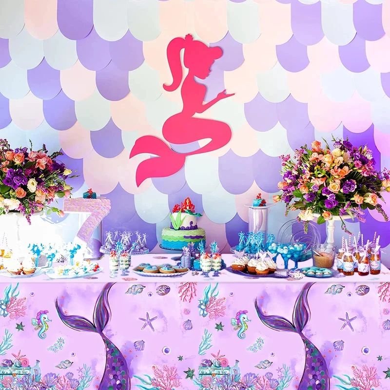 VIKAMA Cute Mermaid Shell Tablecloth Purple Waterproof Table Cover Girls Birthday Party Dining Table Decor