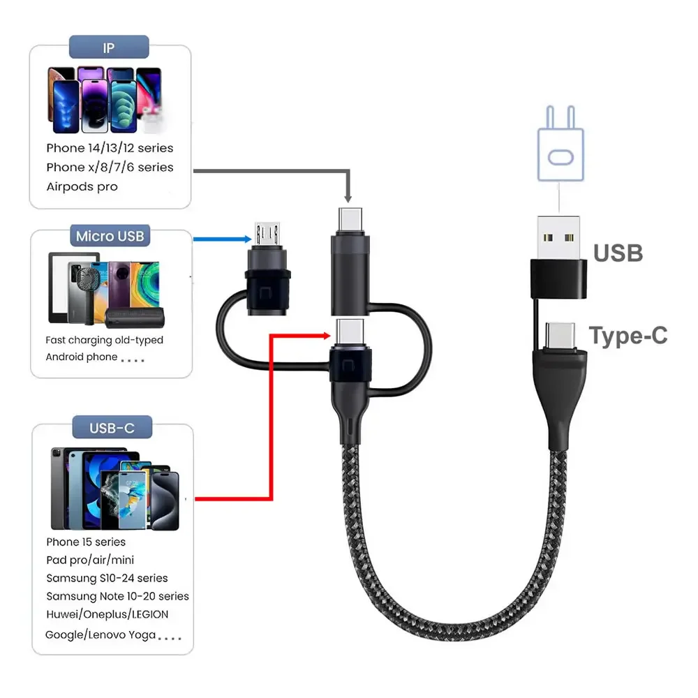 كابل شحن متعدد 4 5 في 1 PD 60 وات شحن سريع محمول USB C سلك شحن ومزامنة البيانات مع منافذ USB/Micro/Lightning من النوع C/Micro