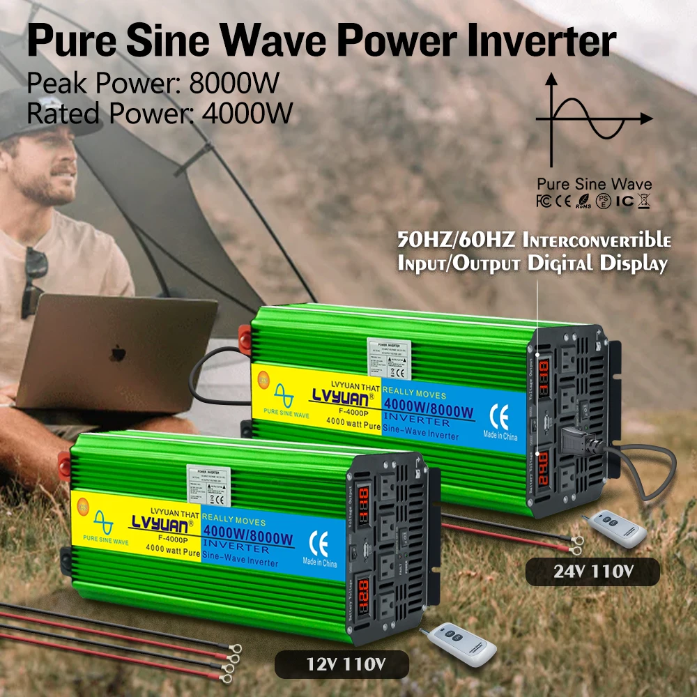 4000W/8000W Pure Sine Wave Power Inverter DC 12V/24V TO AC 100V 110V 50Hz/60Hz Solar Voltage Converter Remote Control US Socket