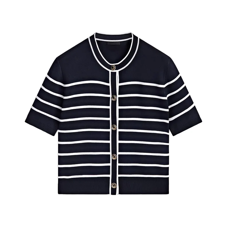 Ele Knitted Open Front irt Coat with Button Design in Stripes Early Autumn New Sle Small Fraance Sle Polyester Fiber