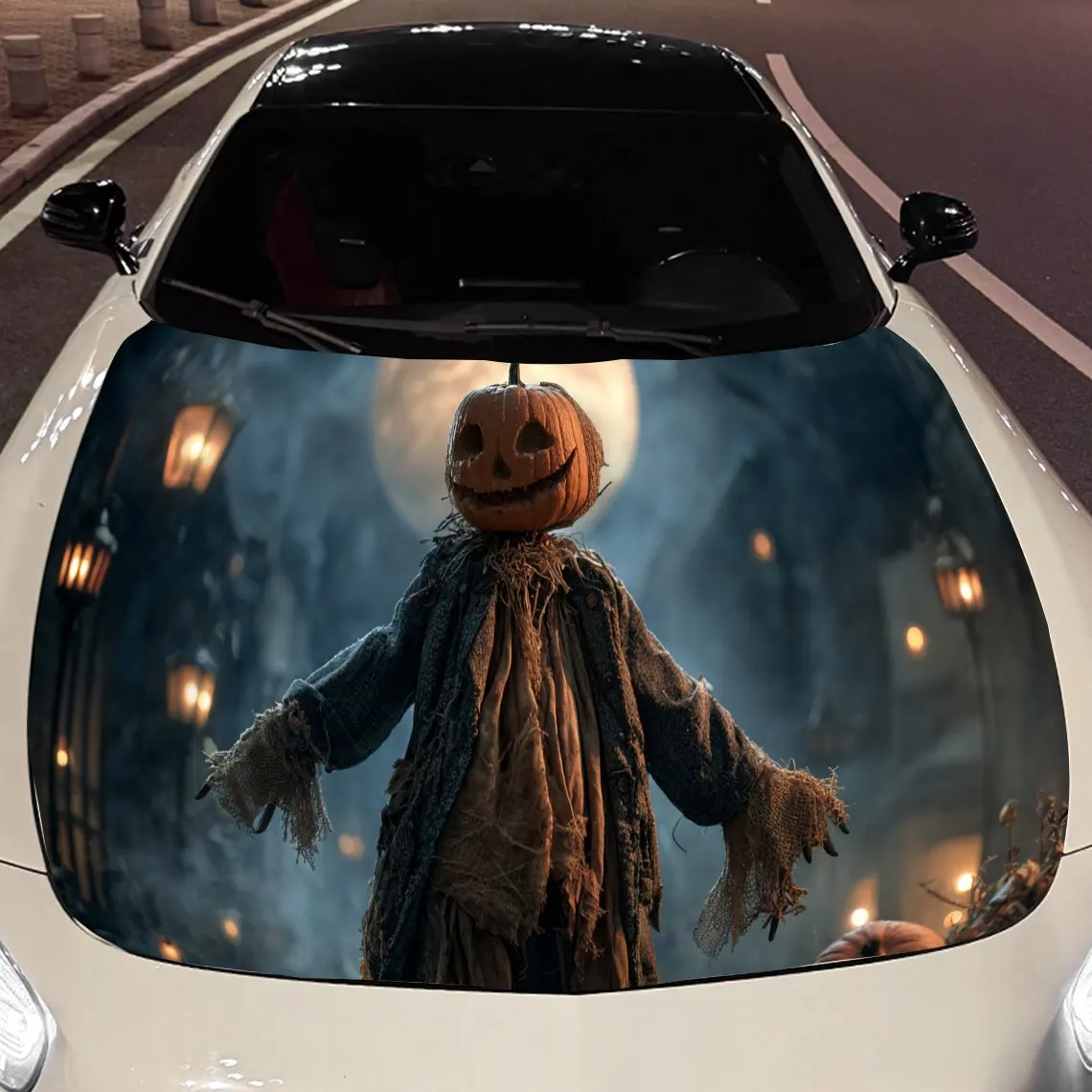 

Eerie Pumpkin Scarecrow Halloween Car Engine Hood Sticker, Auto Vinyl Wraps, Waterproof Self-adhesive Vehicle Decal, Durable & A