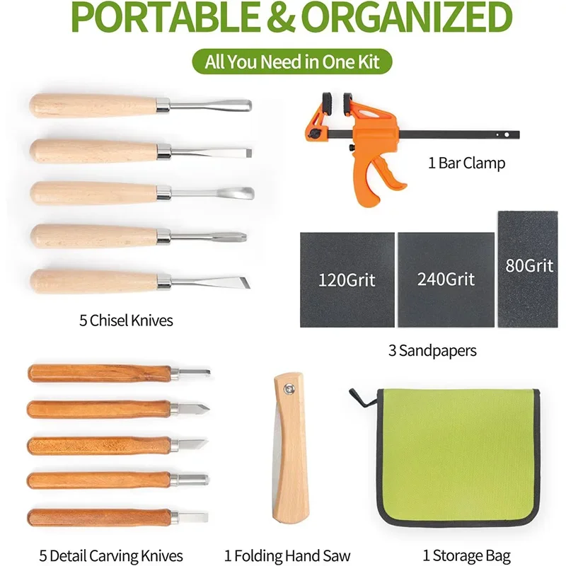 Wood Carving Kit 15Pcs Wood Carving Tools Set Carving Knife Set With 5Pcs Chisel Knives Wood Chisel Sets For Beginners Adults