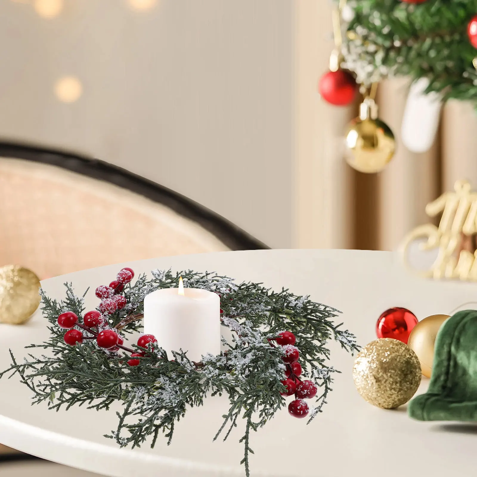 Christmas Wreath Decorative Ring Artificial Pine Leaves Red Berries Holiday Table Decoration Christmas Home Supplies