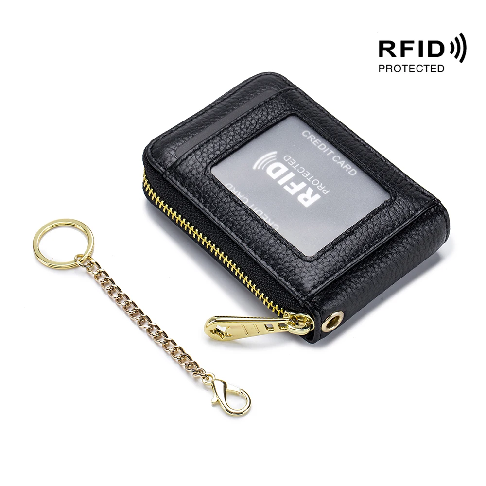 Porte-cartes en cuir véritable RFID exquis pour femmes, porte-cartes d'orgue masculin multifonctionnel, porte-cartes bancaires, porte-clés noir et rose