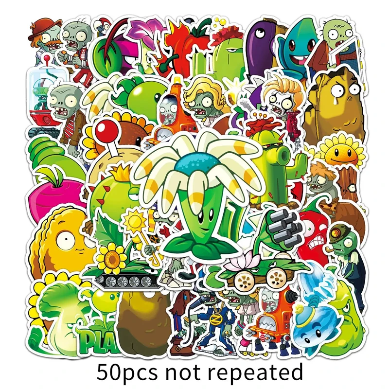 식물 대 좀비 스티커, 귀여운 만화 방수 그래피티 데칼 장난감, DIY 노트북 냉장고 장식, 어린이 생일 선물, 50 개 