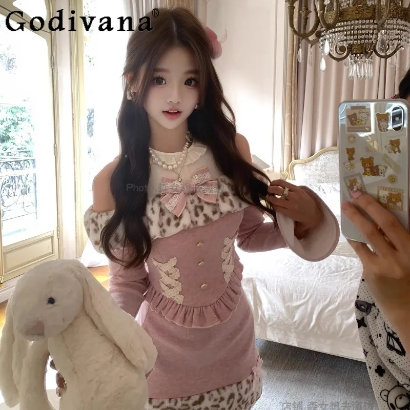 

Original Style Sweet Lolita Outfits Women Winter Cute Pink Clear Style Top and Skirt Suits Female Japanese Leopard Print Set