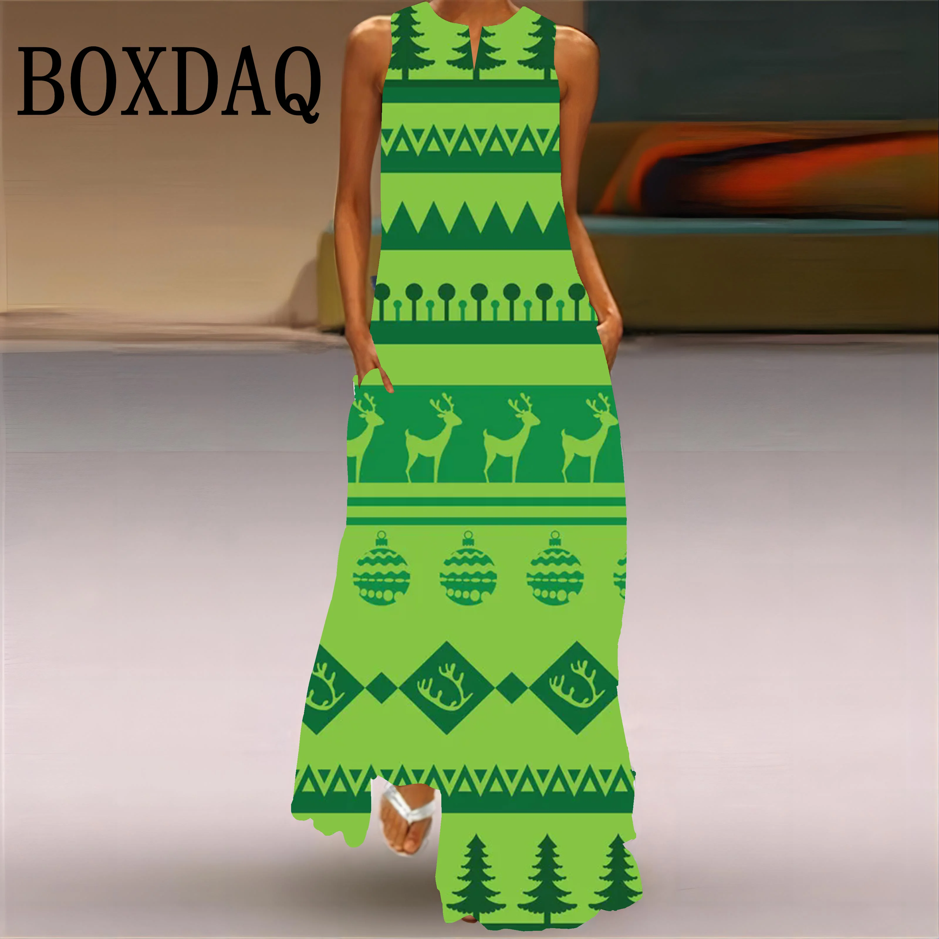 New Year Christmas Elk 3D Print Long Dresses For Women 2025 Winter Fashion Casual Vest X-Mas Snowflake Loose Pockets Maxi Dress