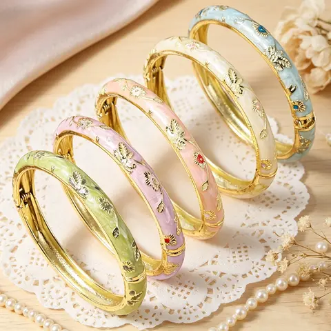 FTCY Vintage Fine Small Flower Bracelet Set For Women Ethnic Style Gold Color Plated Cloisonne Bangles Luxury Jewelry Gifts