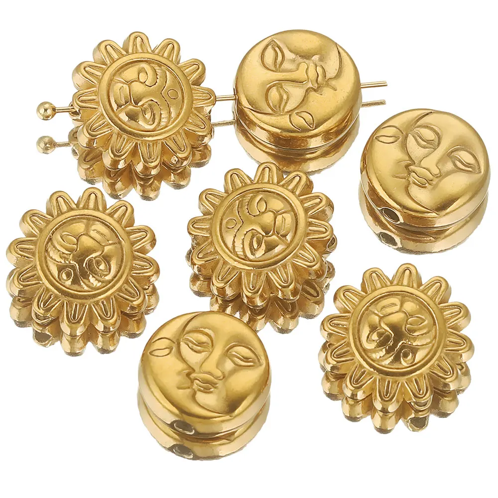 5PCS Stainless Steel 15MM Large Gold Plated Smiley Sun Moon Bead Spacer Metal Beads for Needlework Jewelry Making DIY Bulk