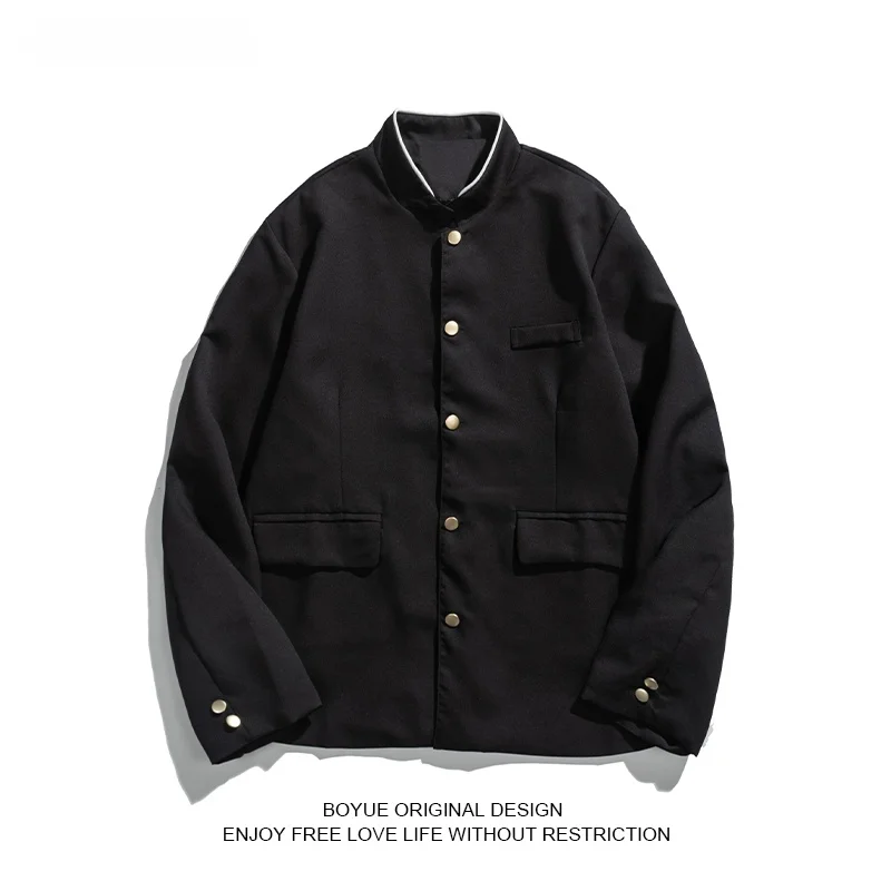 

Мужская ретро-куртка Boyue с подплечниками, свободного кроя, осенняя верхняя одежда, молодежная модная однотонная куртка с воротником-стойкой на одной пуговице, удлиненная
