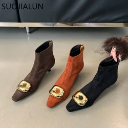 SUOJIALUN 2024 Winter New Brand Women Ankle Boots Fashion Gold Buckle Ladies Elegant Short Boots Shoes Thin Low Heel Dress Pumps