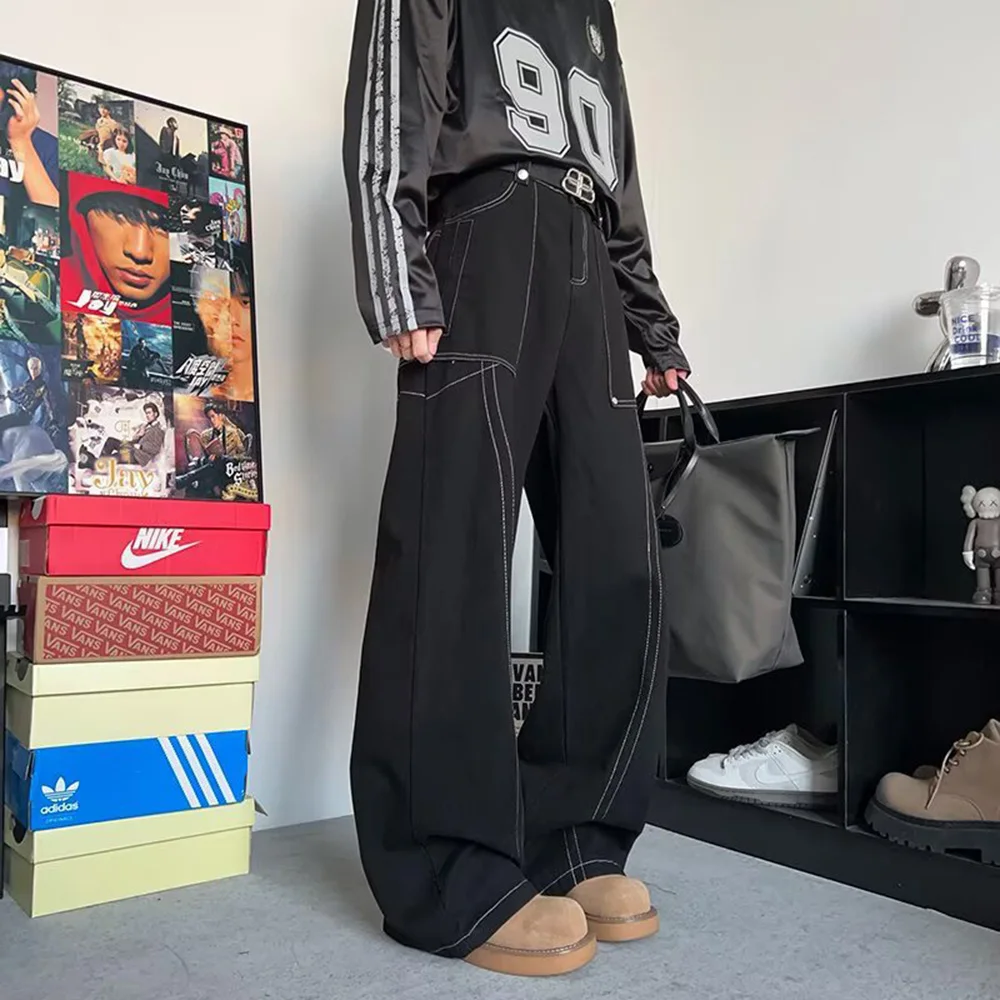 夏のメンズだぶだぶのジーンズソリッドカラーシームオーバーオール大きなポケットカジュアルファッショントレンドストリートヒップホップシンプルなニッチメンズボトムス