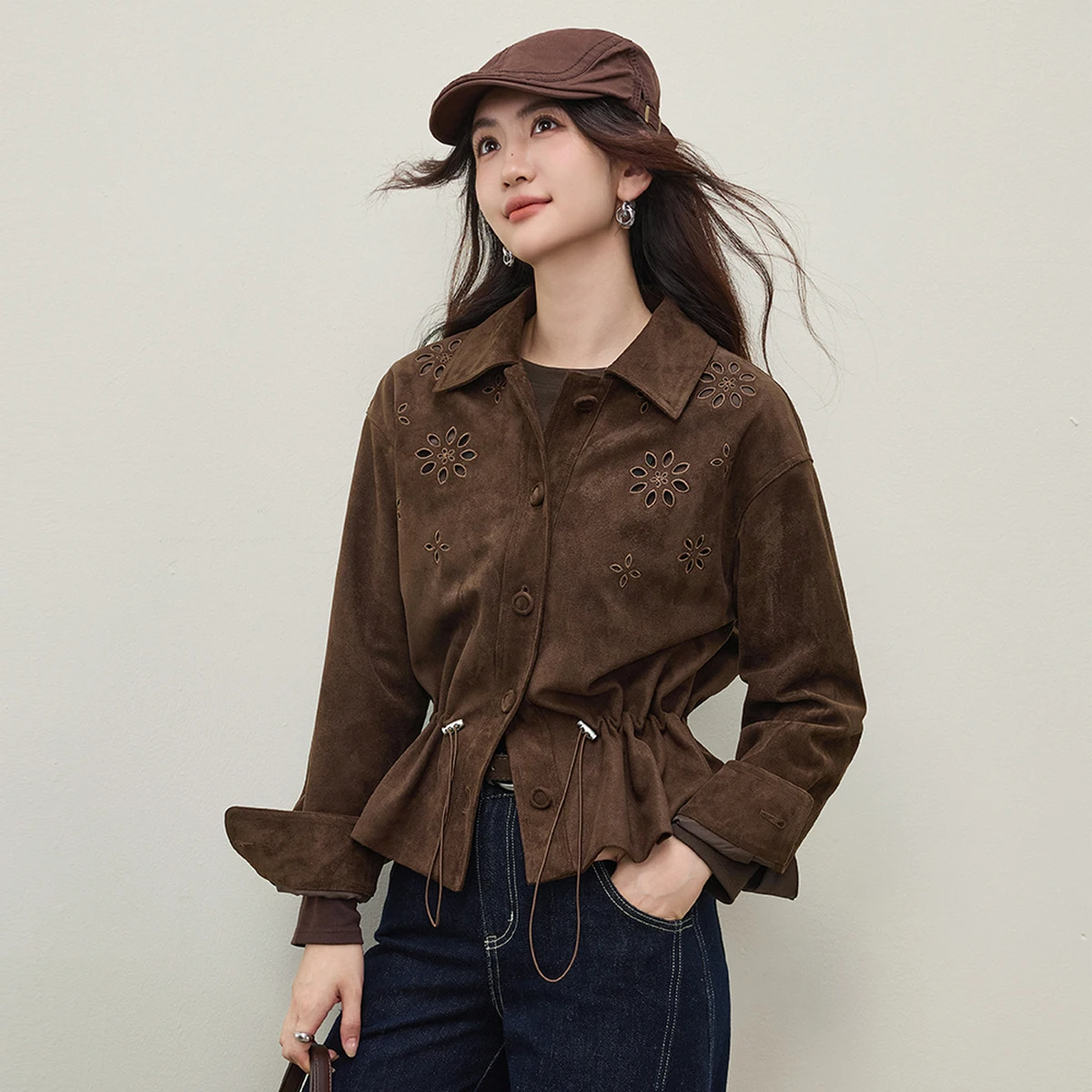 SENTUBILA Faux Leather Jacket for Women 2026 Spring Hollow-out Embroidery Short Coat Retro Office Lady Outerwear 161WB4866