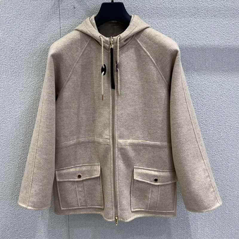 

Высококачественное женское элегантное роскошное пальто из овечьей шерсти с капюшоном и поясом, застежка-молния с кисточками 2592481