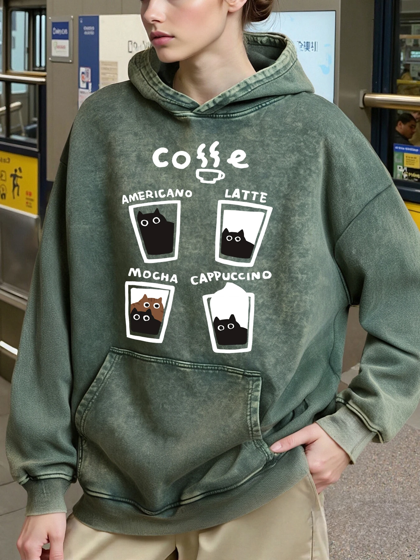 فنجان القهوة الأمريكية القطط الطباعة المرأة غسلها هوديس الهيب هوب كل مباراة هوديي الخريف الشتاء القطن هودي جيب ملابس رياضية #3