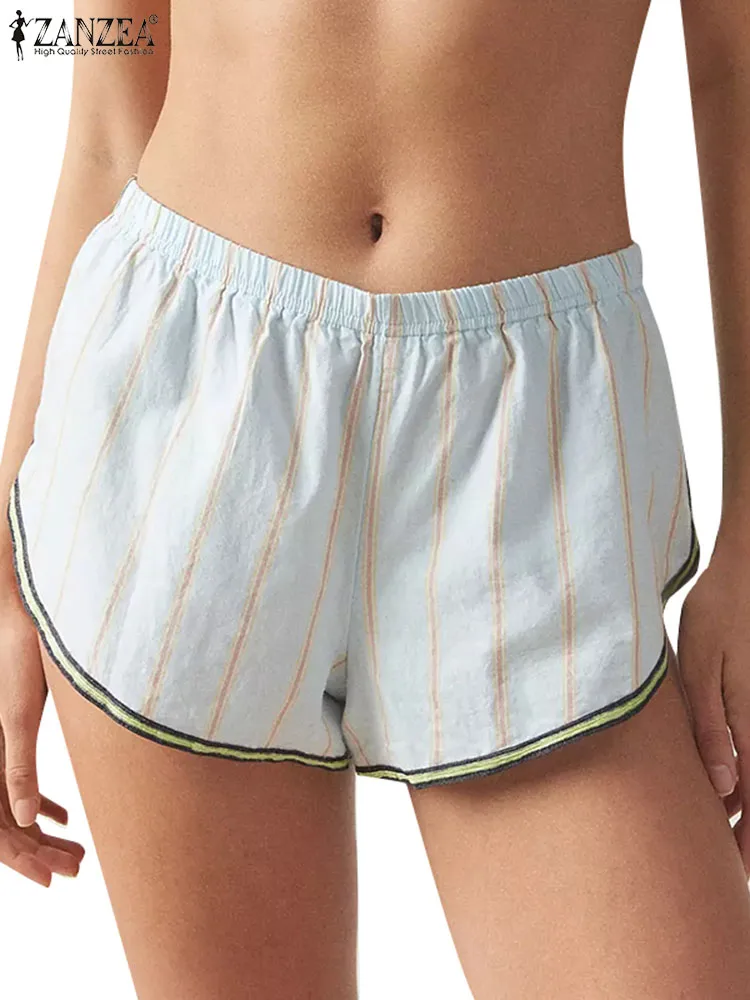 

ZANZEA Women Mini Short Pants Casual Loose Sleepwear Homewear Vintage Stripe Printed Shorts 2024 Summer Colorblock Bottoms Femme